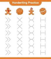 pratique de l'écriture manuscrite. tracer des lignes de biscuits et de bonhomme en pain d'épice. jeu éducatif pour enfants, feuille de calcul imprimable, illustration vectorielle vecteur