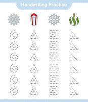 pratique de l'écriture manuscrite. tracer des lignes de flocon de neige, boule de noël et boîte-cadeau. jeu éducatif pour enfants, feuille de calcul imprimable, illustration vectorielle vecteur