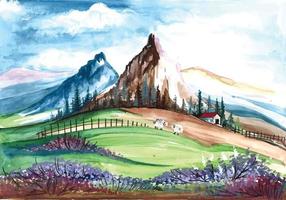 belle nature paysage montagnes main dessiner fond aquarelle vecteur