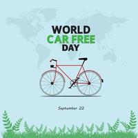journée mondiale sans voiture. 22 septembre. vélo cool. carte du monde fond de couleur blanche. illustration vectorielle. vecteur