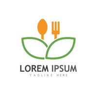 logo d'aliments santé, avec feuilles, cuillère et fourchette. vecteur