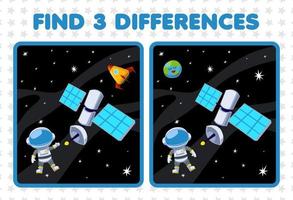jeu éducatif pour les enfants trouver trois différences entre deux dessin animé mignon système solaire satellite astronaute terre planète fusée vecteur