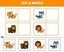 jeu éducatif pour les enfants couper et assortir la même image de dessin animé mignon animal sauvage tigre loup ours lion feuille de travail imprimable vecteur