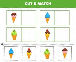 jeu éducatif pour les enfants couper et assortir la même image de feuille de travail imprimable de crème glacée de nourriture de dessin animé vecteur