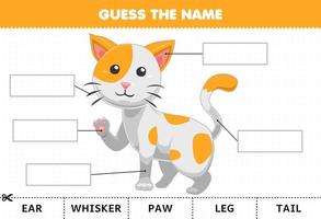 jeu éducatif pour les enfants devinez le nom de la feuille de calcul de la partie du corps du chat de dessin animé mignon vecteur