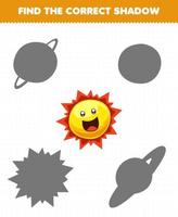 jeu éducatif pour les enfants trouver l'ensemble d'ombres correct du soleil du système solaire de dessin animé mignon vecteur