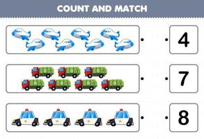 jeu éducatif pour les enfants compter et faire correspondre compter le nombre de dessin animé avion de transport camion à ordures voiture de police et faire correspondre avec les bons numéros feuille de calcul imprimable vecteur