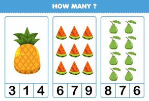jeu éducatif pour les enfants comptant combien de fruits de dessin animé ananas pastèque goyave vecteur