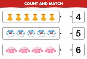 jeu éducatif pour les enfants compter et correspondre compter le nombre de vêtements portables de dessin animé robe uniforme chemisier et match avec les bons numéros feuille de calcul imprimable vecteur