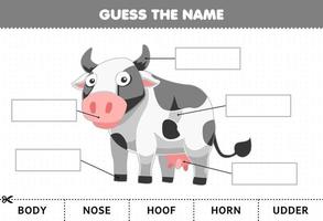 jeu éducatif pour les enfants devinez le nom de la feuille de calcul de la partie du corps de la vache de dessin animé mignon vecteur