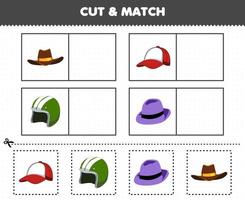 jeu d'éducation pour les enfants couper et assortir la même image de dessin animé vêtements portables chapeau de cowboy chapeau chapeau fedora vecteur