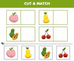 jeu éducatif pour les enfants couper et assortir la même image de dessin animé fruit pêche poire papaye cerise feuille de travail imprimable vecteur