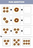 jeu éducatif pour les enfants ajout amusant par coupe et correspondance feuille de travail d'images de beignet de nourriture de dessin animé vecteur