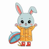 lapin en imperméable jaune avec parapluie bleu en bottes rouges illustration vectorielle vecteur