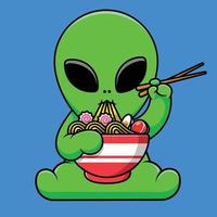 Alien mignon mangeant une illustration d'icône de vecteur de dessin animé de nouilles ramen. concept de dessin animé plat de nourriture scientifique