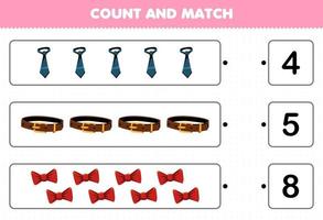 jeu éducatif pour les enfants comptez et faites correspondre comptez le nombre de vêtements portables de dessin animé attachez le ruban de ceinture et faites correspondre avec les bons numéros feuille de calcul imprimable