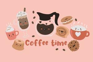 carte postale avec café et bonbons kawaii et l'inscription coffee time. graphiques vectoriels vecteur