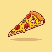 illustration vectorielle d'une délicieuse tranche de pizza au pepperoni avec du fromage fondu, dessiné à la main, dessin animé, plat, mignon vecteur