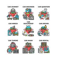 concessionnaire automobile set icônes illustrations vectorielles