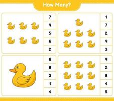 jeu de comptage, combien de canard en caoutchouc. jeu éducatif pour enfants, feuille de calcul imprimable, illustration vectorielle vecteur