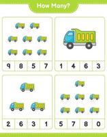 jeu de comptage, combien de camion. jeu éducatif pour enfants, feuille de calcul imprimable, illustration vectorielle vecteur