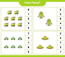 jeu de comptage, combien de train, personnage de robot, voiture et ovni. jeu éducatif pour enfants, feuille de calcul imprimable, illustration vectorielle vecteur