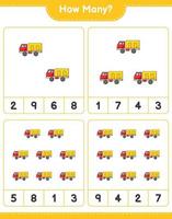 jeu de comptage, combien de camion. jeu éducatif pour enfants, feuille de calcul imprimable, illustration vectorielle vecteur