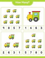 jeu de comptage, combien de train. jeu éducatif pour enfants, feuille de calcul imprimable, illustration vectorielle vecteur