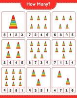 jeu de comptage, combien de jouets pyramidaux. jeu éducatif pour enfants, feuille de calcul imprimable, illustration vectorielle vecteur
