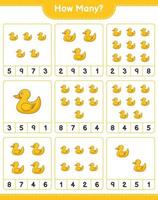 jeu de comptage, combien de canard en caoutchouc. jeu éducatif pour enfants, feuille de calcul imprimable, illustration vectorielle vecteur