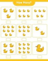 jeu de comptage, combien de canard en caoutchouc. jeu éducatif pour enfants, feuille de calcul imprimable, illustration vectorielle vecteur