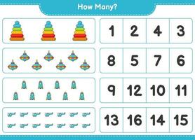jeu de comptage, combien de jouet pyramide, jouet tourbillon, fusée et hélicoptère. jeu éducatif pour enfants, feuille de calcul imprimable, illustration vectorielle vecteur