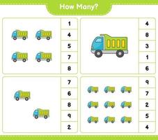 jeu de comptage, combien de camion. jeu éducatif pour enfants, feuille de calcul imprimable, illustration vectorielle vecteur