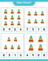 jeu de comptage, combien de jouets pyramidaux. jeu éducatif pour enfants, feuille de calcul imprimable, illustration vectorielle vecteur