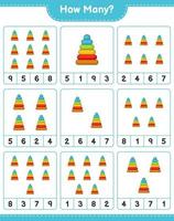 jeu de comptage, combien de jouets pyramidaux. jeu éducatif pour enfants, feuille de calcul imprimable, illustration vectorielle vecteur