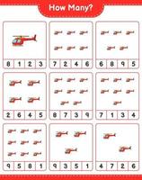 jeu de comptage, combien d'hélicoptères. jeu éducatif pour enfants, feuille de calcul imprimable, illustration vectorielle vecteur