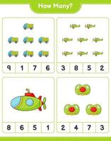 jeu de comptage, combien de camions, d'avions, de sous-marins et de tétines. jeu éducatif pour enfants, feuille de calcul imprimable, illustration vectorielle vecteur