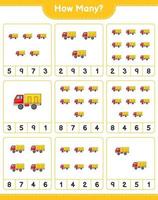 jeu de comptage, combien de camion. jeu éducatif pour enfants, feuille de calcul imprimable, illustration vectorielle vecteur