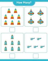 jeu de comptage, combien de jouet pyramide, jouet tourbillon, fusée et hélicoptère. jeu éducatif pour enfants, feuille de calcul imprimable, illustration vectorielle vecteur