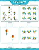 jeu de comptage, combien de cerf-volant, pistolet à eau, hochet pour bébé et tétine. jeu éducatif pour enfants, feuille de calcul imprimable, illustration vectorielle vecteur