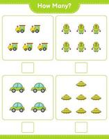 jeu de comptage, combien de train, personnage de robot, voiture et ovni. jeu éducatif pour enfants, feuille de calcul imprimable, illustration vectorielle vecteur