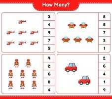 jeu de comptage, combien d'hélicoptères, d'ovnis, de robots et de voitures. jeu éducatif pour enfants, feuille de calcul imprimable, illustration vectorielle vecteur