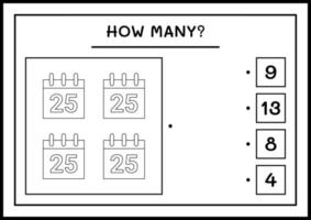 combien de calendrier de noël, jeu pour enfants. illustration vectorielle, feuille de calcul imprimable vecteur