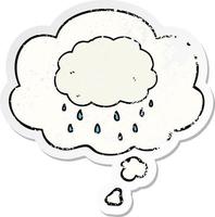 nuage de pluie de dessin animé et bulle de pensée comme un autocollant usé en détresse vecteur