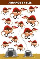 jeu éducatif pour les enfants organiser par taille grande ou petite déplacez-le dans la grotte dessin animé mignon dinosaure préhistorique spinosaurus images vecteur
