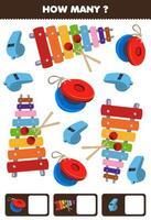 jeu éducatif pour les enfants chercher et compter combien d'objets dessin animé instrument de musique castagnettes xylophone sifflet feuille de calcul imprimable vecteur