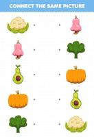 jeu éducatif pour les enfants connecter la même image de dessin animé fruits et légumes chou-fleur noix de cajou avocat citrouille épinards feuille de travail imprimable vecteur