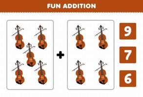 jeu d'éducation pour les enfants addition amusante par comptage et choisissez la bonne réponse de la feuille de travail imprimable de violon d'instrument de musique de dessin animé