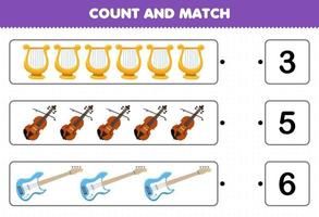 jeu éducatif pour les enfants compter et faire correspondre compter le nombre d'instruments de musique de dessin animé lyre violon basse et faire correspondre avec les bons numéros feuille de calcul imprimable vecteur