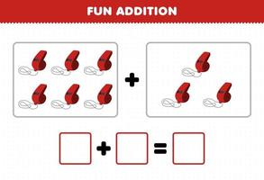 jeu d'éducation pour les enfants ajout amusant en comptant la feuille de travail d'images de sifflet d'instrument de musique de dessin animé vecteur